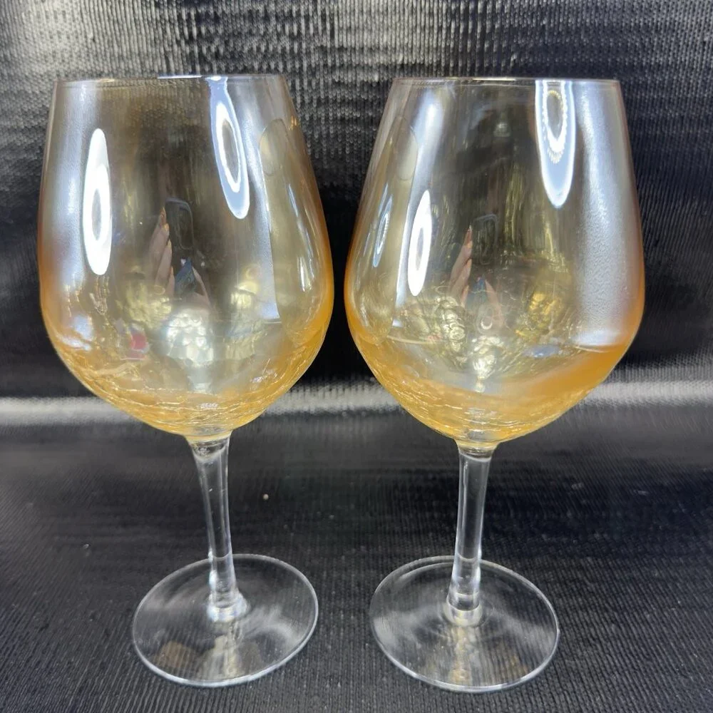 Pier 1 Gold Luster Amber Crackle Glass Large Goblets Cups Stemware Barware Set 2